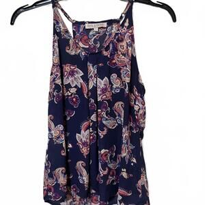 Rose & Thyme Navy Blue Paisley Print Sleeveless Boho Chic Front Tie Blouse Small
